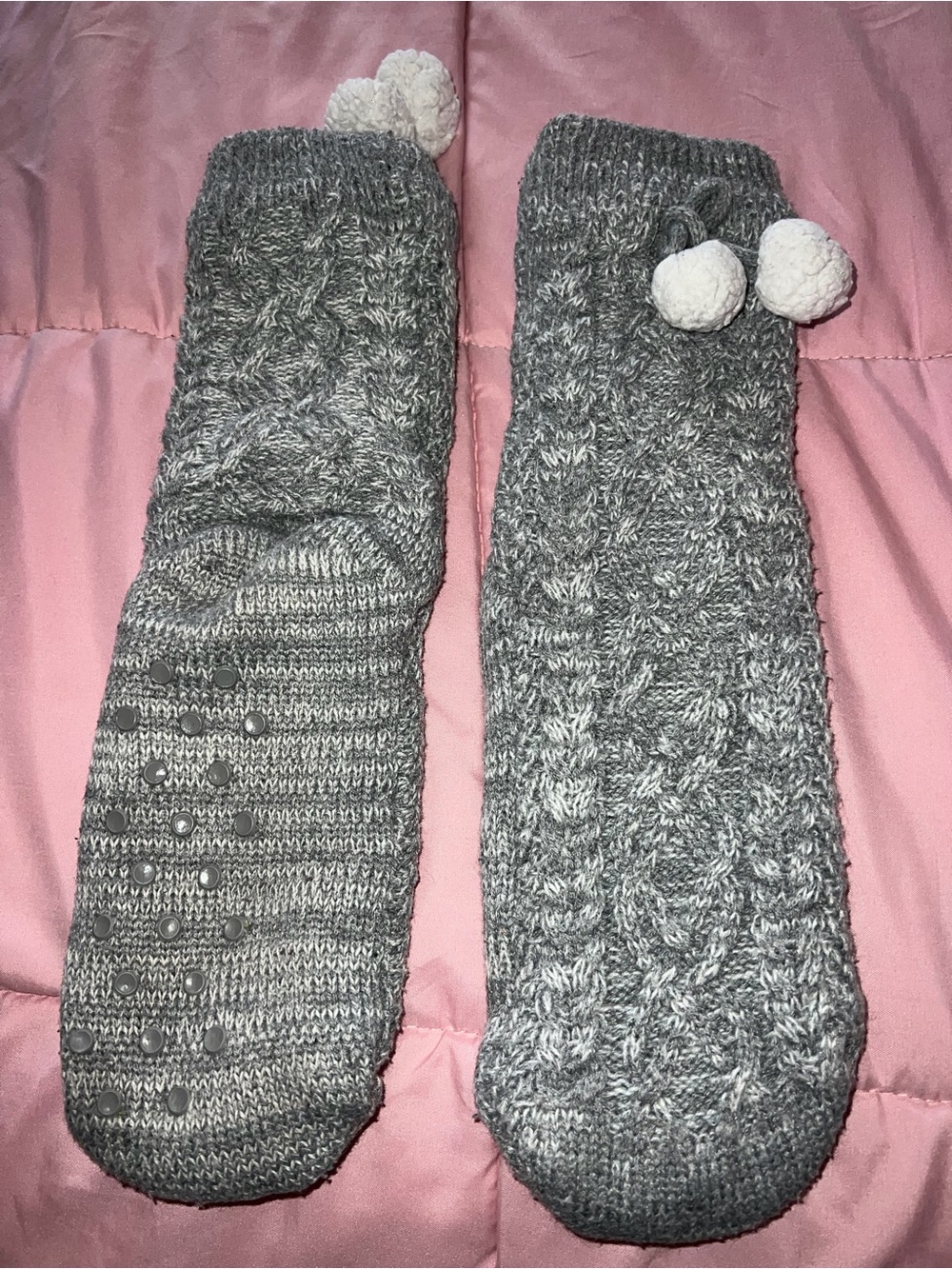 Cozy Gray Cable-Knit Kids Non-Slip Socks with Pom Pom